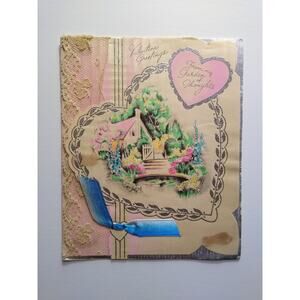 Vintage Gibson Valentine Greetings Card Garden Cottage Lace Ribbon USA 25 V 8903